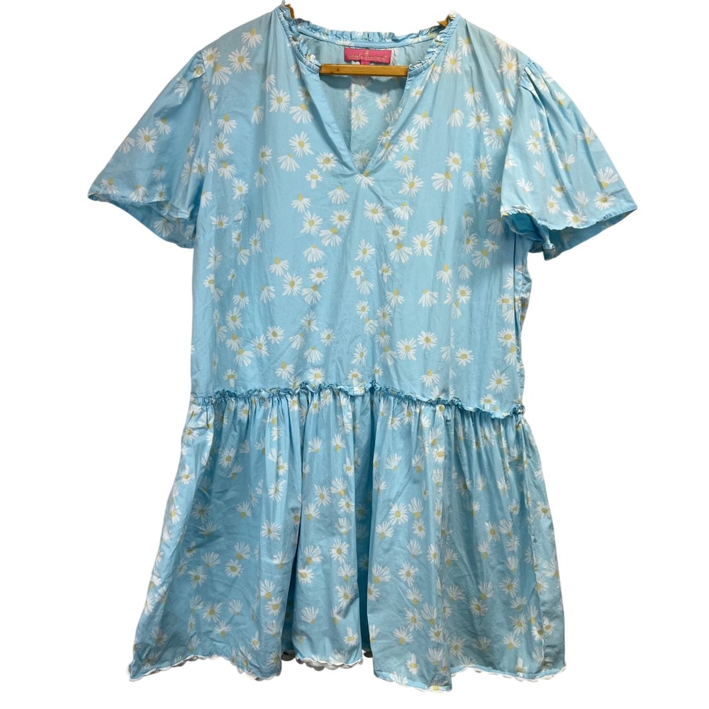 Simply Southern Blue Daisy‎ Print Ruffle Tiered V Neck Dress Size L